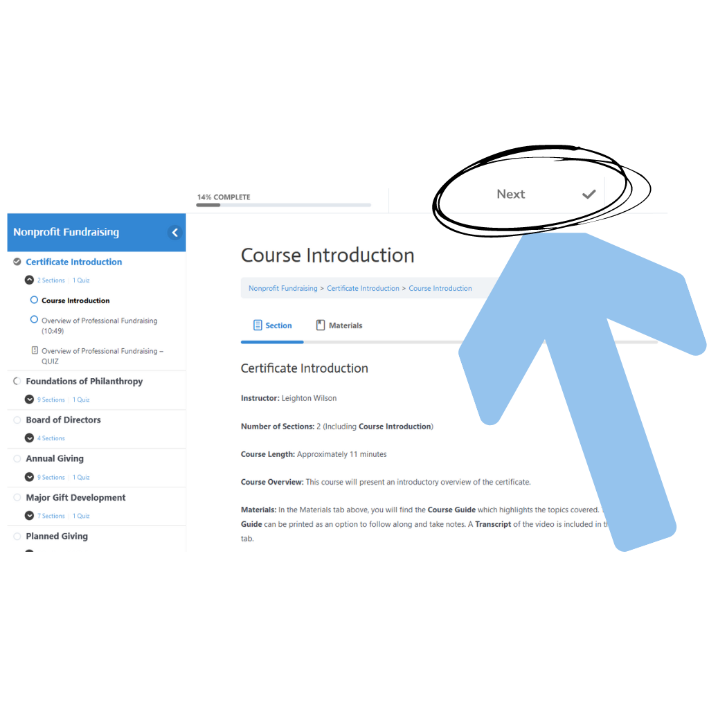 Push Next Button to Progress through Certificate Course